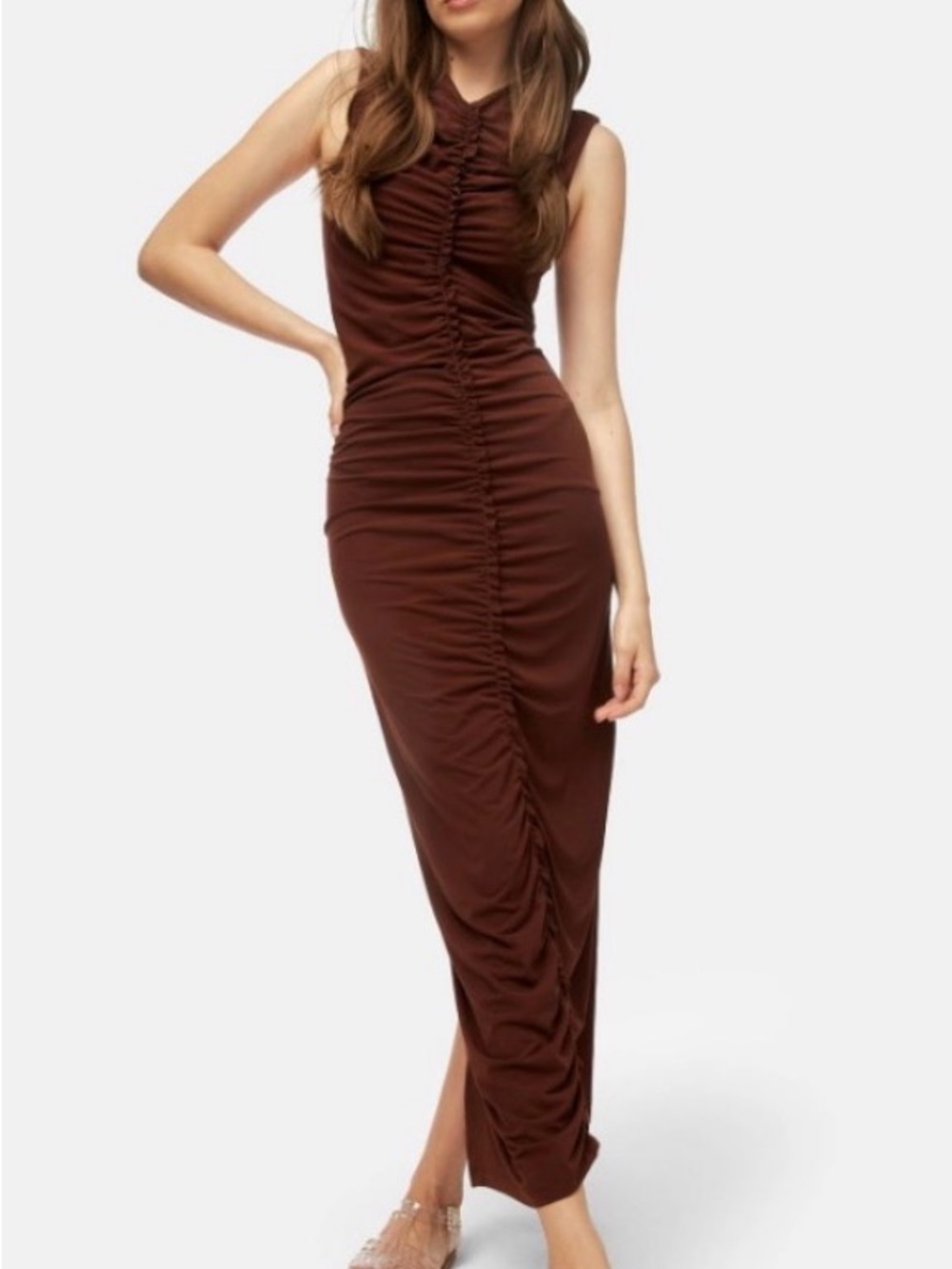 Zara Brown Sleeveless Ruched Maxi Dress